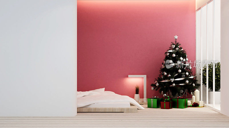 卧室和圣诞树在家里或公寓-室内设计- 3D渲染